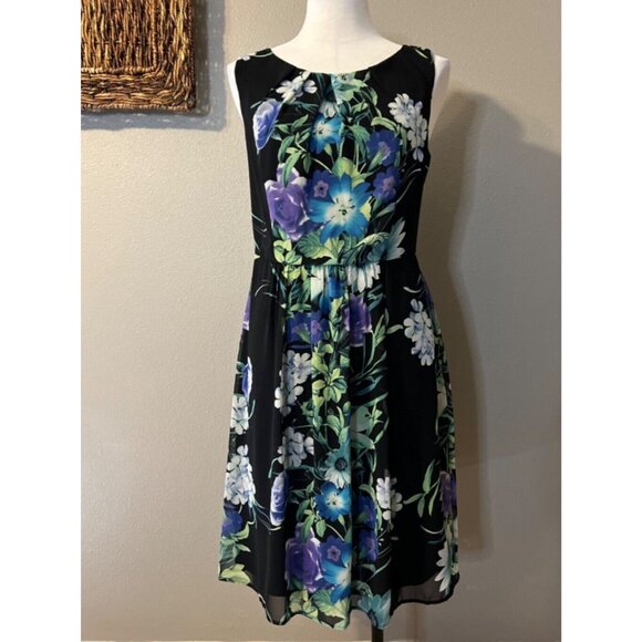 Connected Dress 12 Black Floral Washable Sleeveless Stretch Sheath Career Summer - Picture 2 of 10